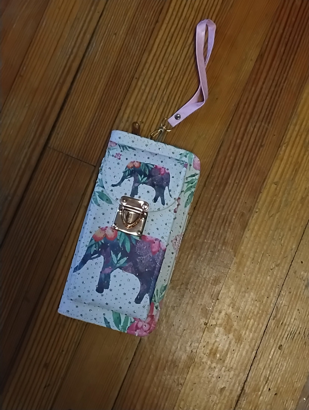 Floral Elephant Wristlet Wallet in Light Blue and Pink